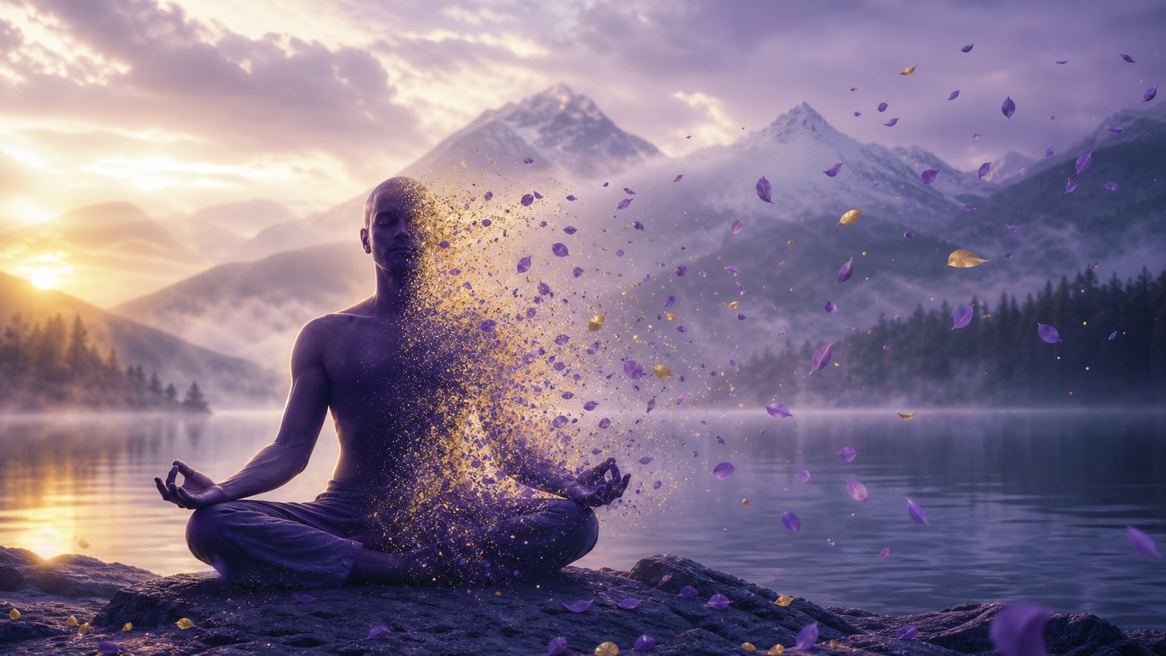 Silhouette en méditation se dissolvant en pétales et poussière d'or au bord d'un lac de montagne