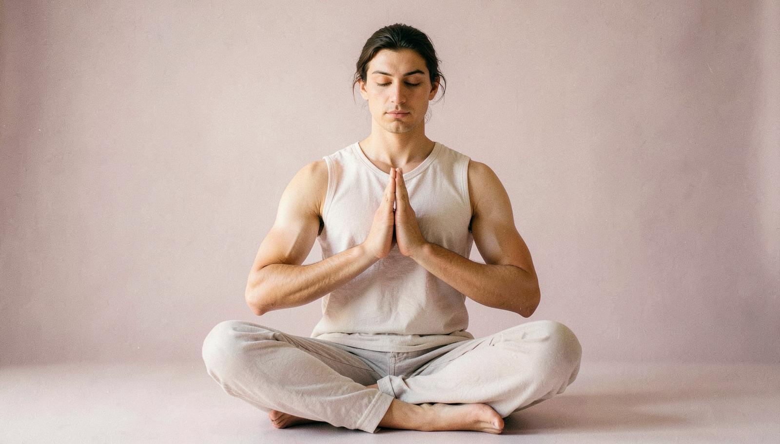 Un pratiquant assis en posture facile, paumes jointes au centre de la poitrine pour l'Adi Mantra