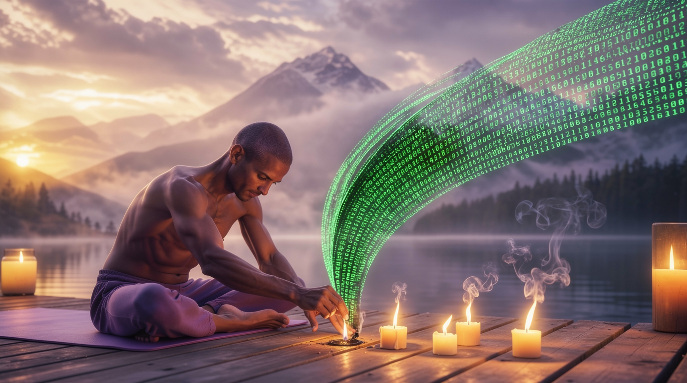 Un homme en méditation au bord d'un lac au lever du jour, un flux de données lumineuses traversant la scène