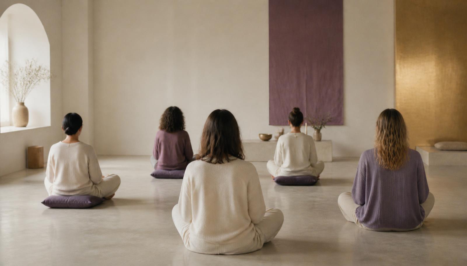 Petit groupe assis en méditation dans un studio lumineux aux tons ivoire et mauve